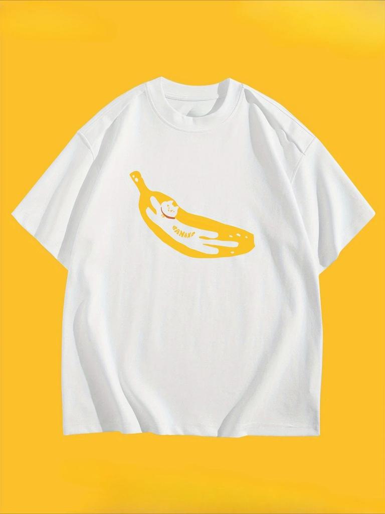 Creative Cat Banana Pattern Printed Summer Unisexs Tshirt Top Short Sleeve Round Neck Casual Unisexs Summer Clothing