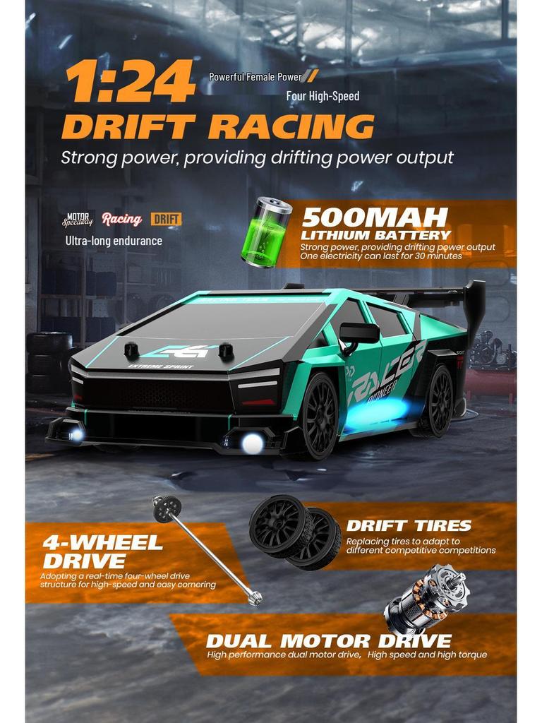 1/24 AE86 RC Drift Car with Lights: High-Speed, Four-Wheel Drive, Rechargeable Mini GTR for Boys