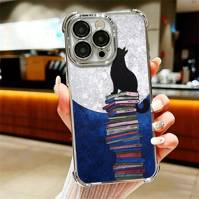 Black Cat Aesthetic Pattern Plating Phone Case For Iphone 16 17 Pro Max Air 16E 14 15 Plus 12 13 Mini Anti-Fall Airabag Cover