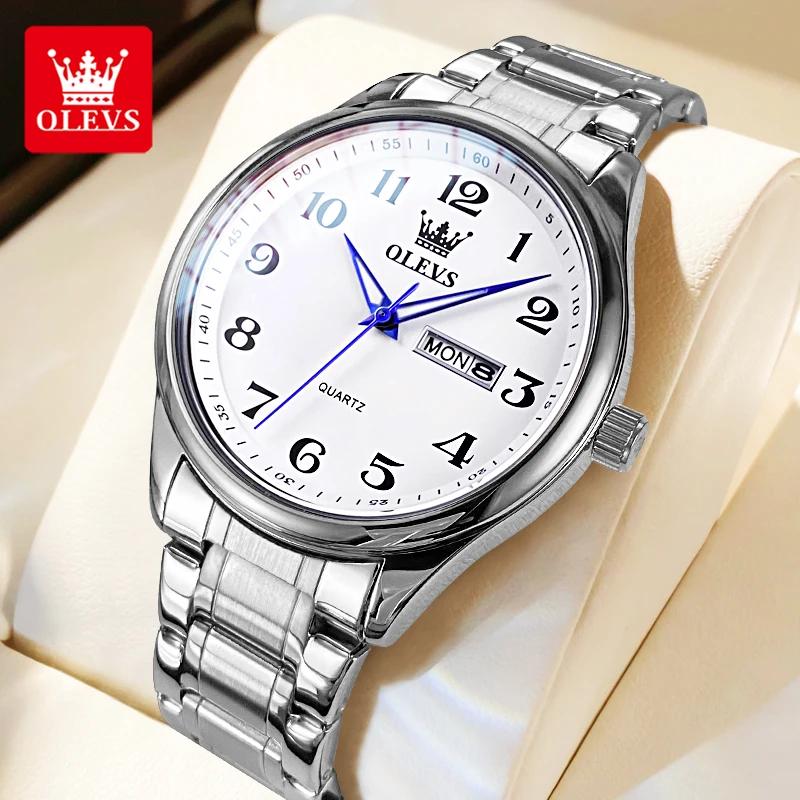 OLEVS Klassische Herrenuhren aus Edelstahl, wasserdicht, leuchtend, Doppelkalenderanzeige, Quarzuhr für Männer
