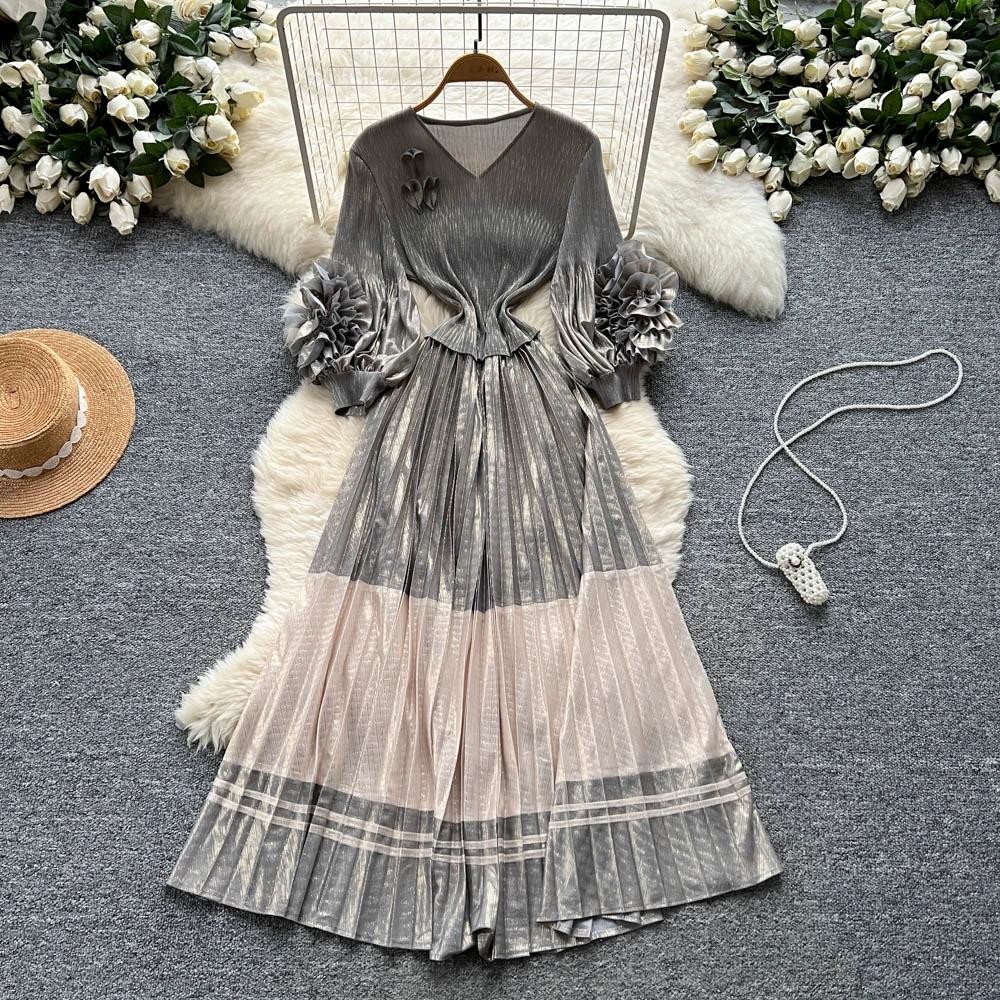 Wiosna Jesień Kobiety Luksus Plus Size Plisy Miyake Kwiat 3D Oversize Luźna Długa Sukienka Maxi Party Plisowana