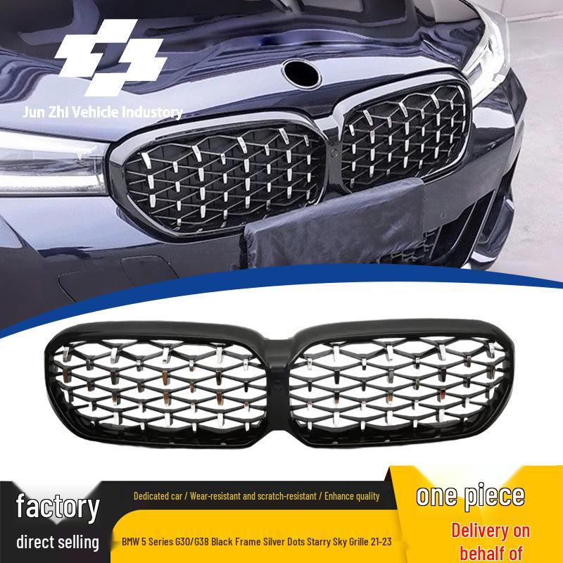 Compatible Grille for 21-23 BMW 5 Series G30/G38 - Starry Sky Black with Silver Dots, Bright Black, and Semi-Silver Mesh Design.