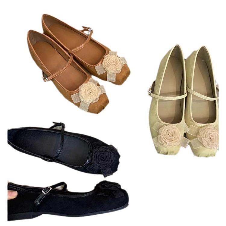 Sheepskin version~ Xiaoxiangfeng camellia leather Mary Jane single shoes women's autumn ballet style flat shoes ballet shoes ladyshoes