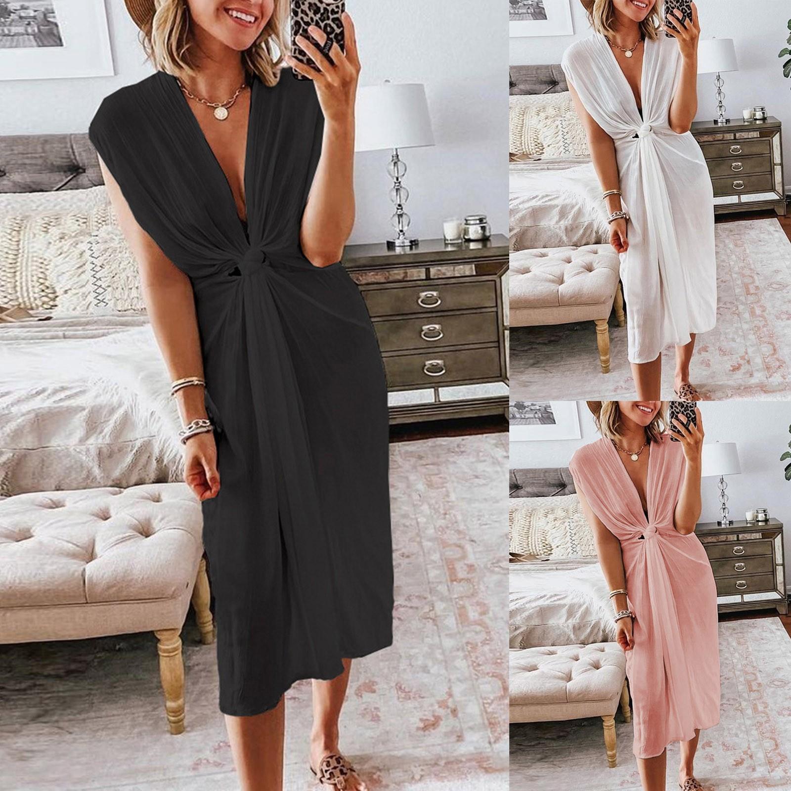 

Женские повседневные темпераментные однотонные тонкие платья с глубоким v-образным вырезом и сексуальными галстуками