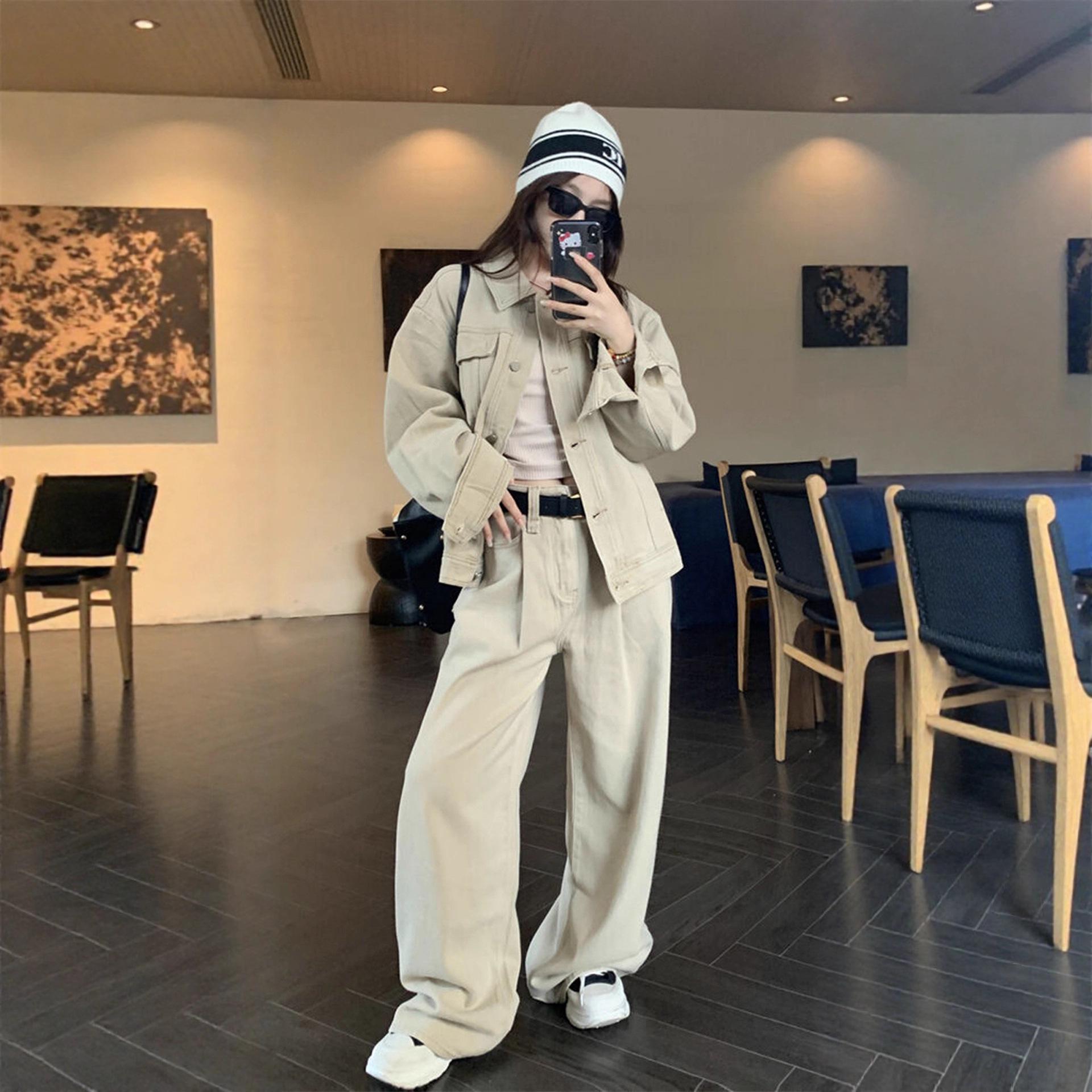 

Korean Chic 2025 Women s Autumn Tracksuit: Loose Workwear Jacket & Wide-Leg Pants Two-Piece Set Medium