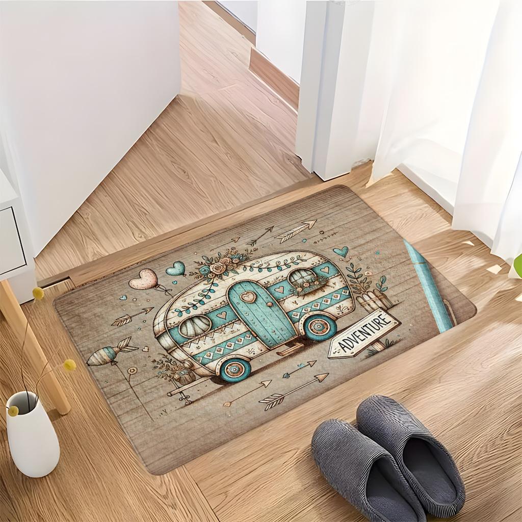 1pc of Floor Mat, Cartoon-style RV Travel Illustration Flannel Doormat,Floor Mat,and Living Room Entrance Decorative Mat