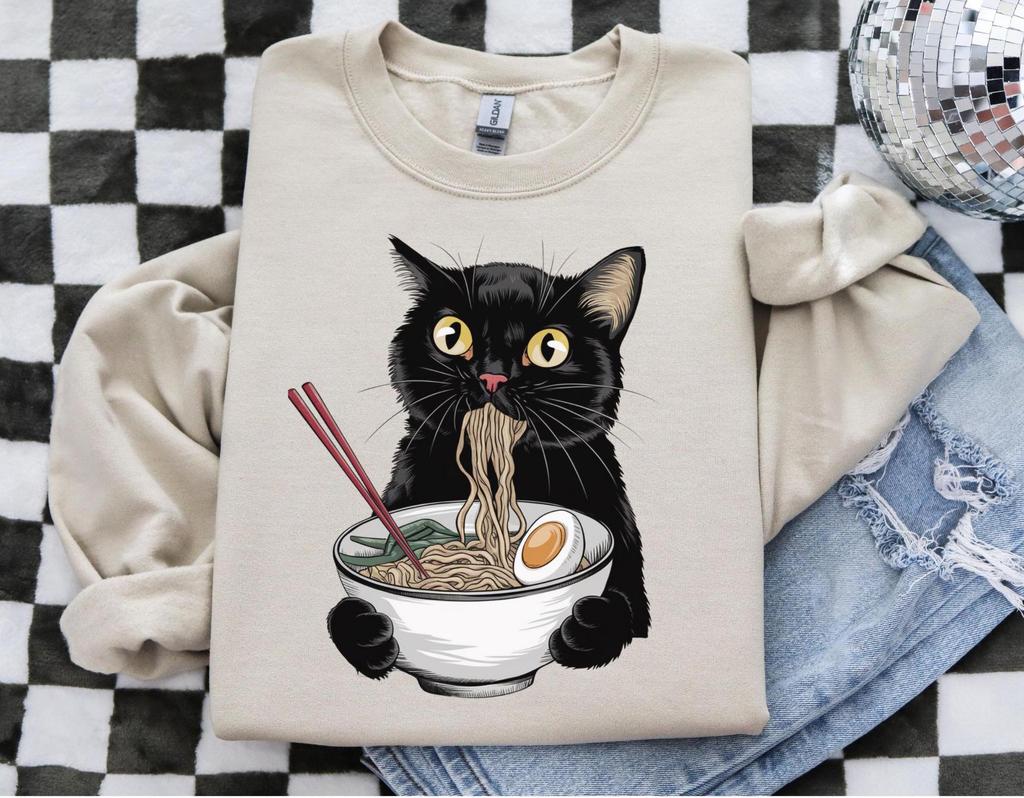 Noodle Cat Sweatshirt, Ramen Cat Sweater, Foodie Lover Shirts, Black Cat Noodle T-Shirts, Retro Cat Tees, Cat Lover Sweatshirts
