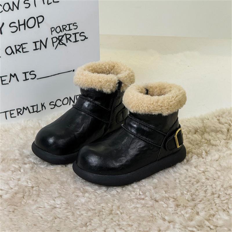 

Winter Children Snow Boots Vintage Leather With Shearling Lining Toddler Kids Shoes Non-slip Baby Girls Boots 21-30 23 чёрный