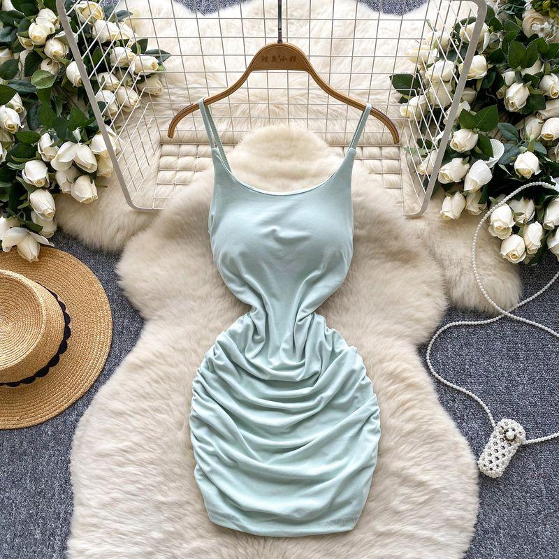 Pure Desire Style Dress Women 2025 Summer Scheming Pleat Waist Hugging Slim fit Sling Sheath Short dress Sexy Base Skirt