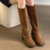 Fashion Women's Knee Boots 2025 Autumn Fashion Round Toe Platform Metal Buckle Suede Leather Long Boots Non-Slip Retro Cowboy Boots