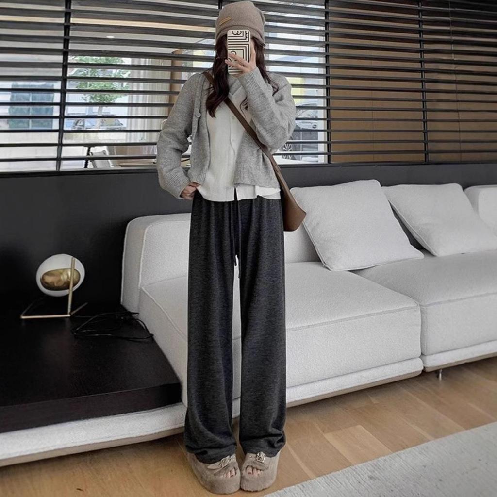 Women's Gray High-Waisted Slimming Wide-Leg Lazy Pants for Spring & Autumn