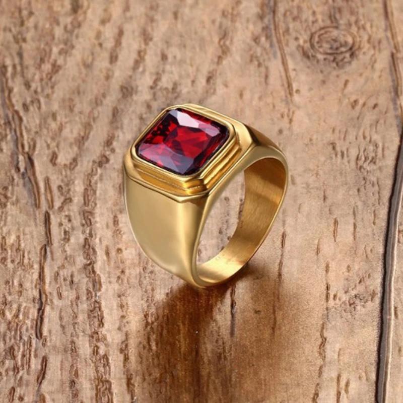 Black/Gold Plated Stainless Steel Men's Ring Square Red Zircon Stone Classic Signet Rings