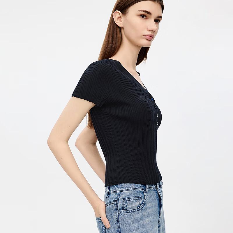 Eileen Elitee Cotton Blend V-Neck Slim Fit Short Sleeve Knit Top