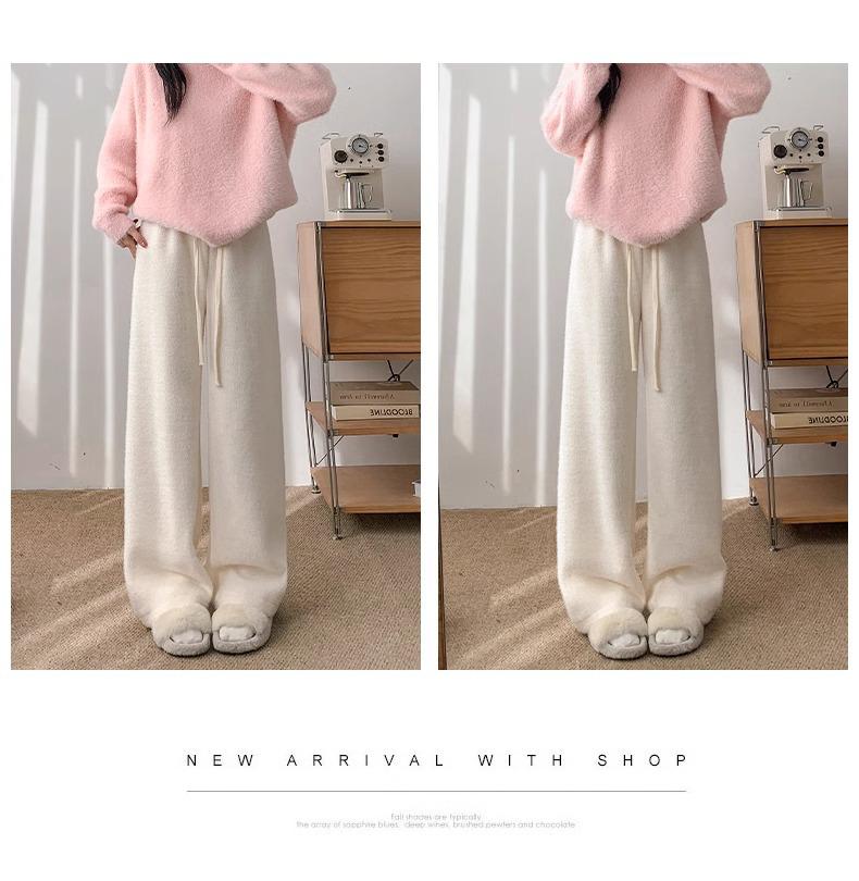 Women's Autumn/Winter Pink Velvet Wide-Leg High-Waist Pants - Thickened for Warmth and Comfort