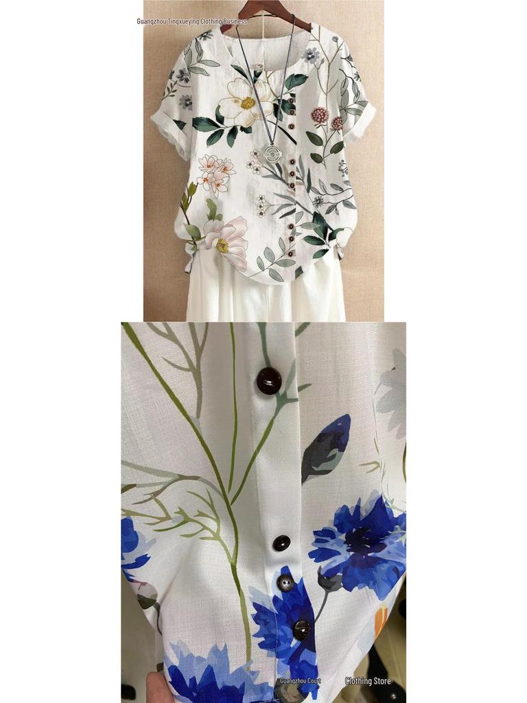 Women's Summer Retro Print Loose Cotton-Linen Short Sleeve Casual T-Shirt