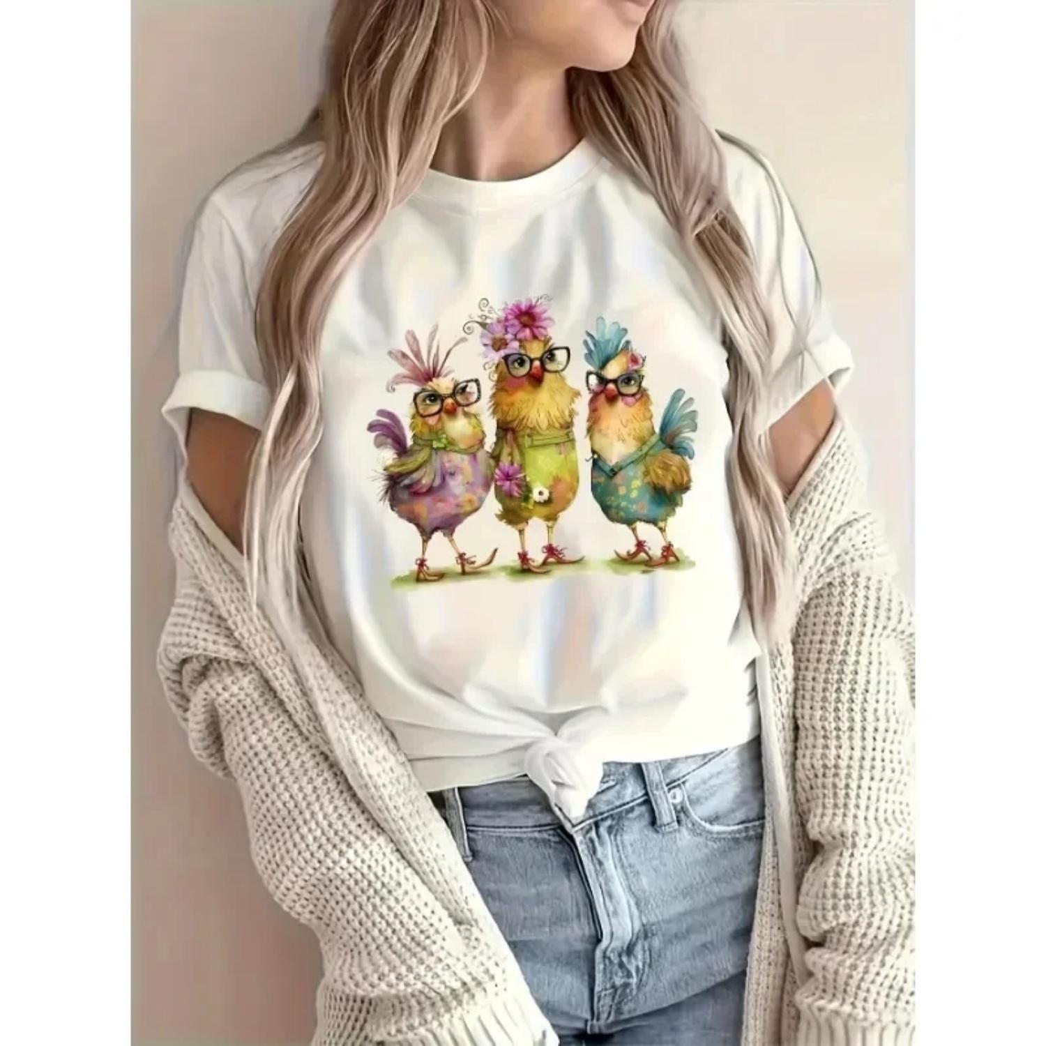 2025 Summer Fashion Women s T-shirt Fun Chicken Flower Animal Print T-shirt Femme Harajuku Shirt Kawaii Clothing T-shirt Women S