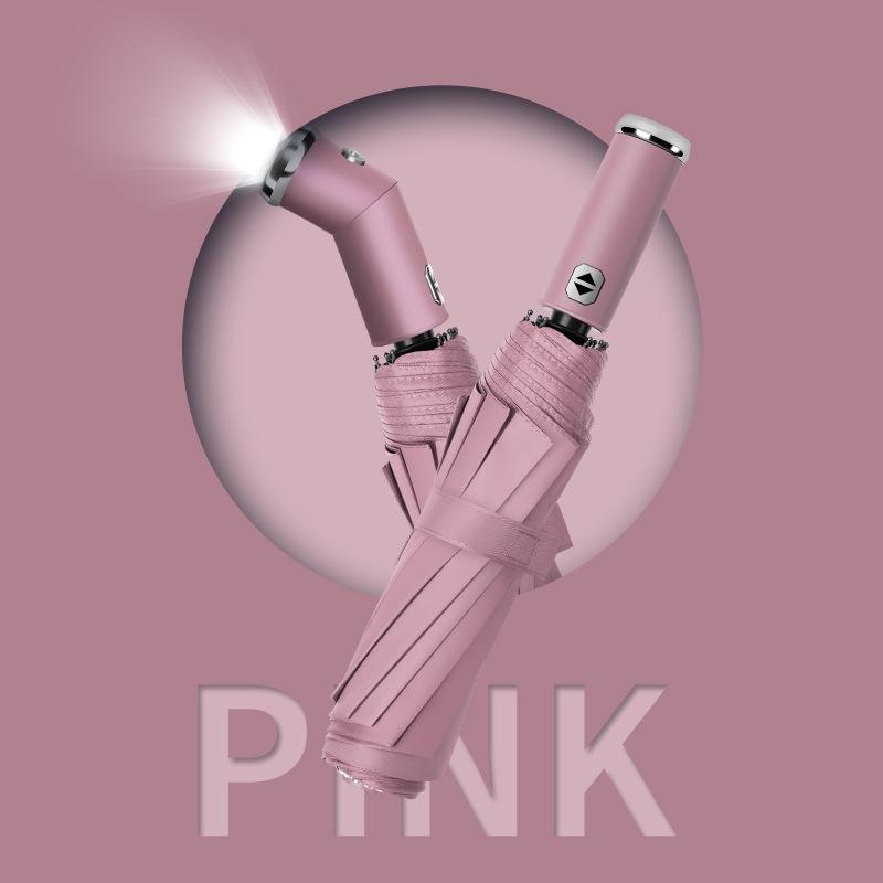 

10-спицевой полностью автоматический зонт-три сложения, вращаемый светодиодный фонарик, деловой ветроустойчивый складной зонт, зонт от солнца розовый