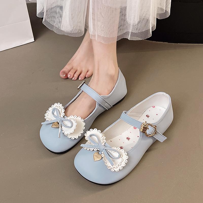 Lolita Sweet Vintage Kawaii Bow High Heels Elegant Princess Leather Shoes Black Women Shoe Low Heel Summer Pumps 40 небесно-голубой 4527₽