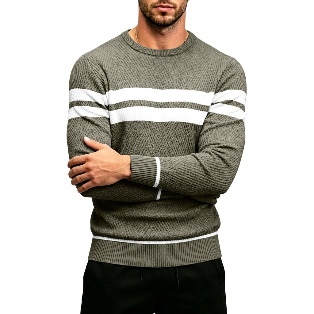 Men's Striped Round Neck Pullover Sweater Casual Long Sleeve Knit Top for Fall Winter