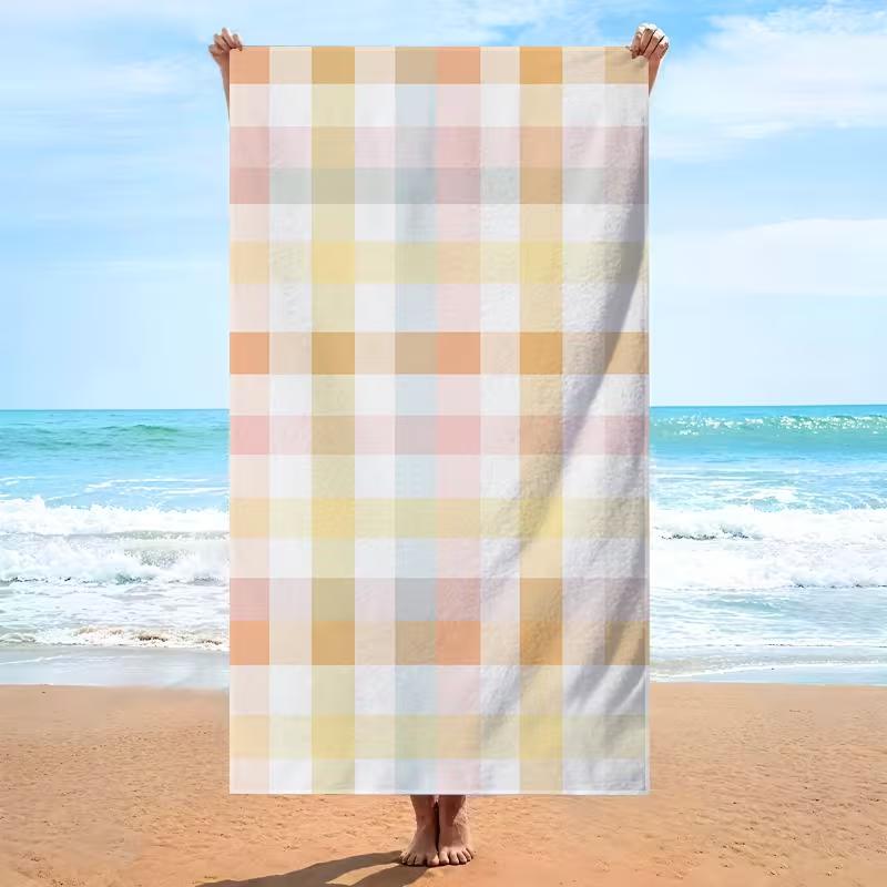 Cute Pink White Plaid Beach Towel Modern Minimalism Gingham Pattern Quick Dry Absorbent Sand-Free Towel for Beach Daily Use