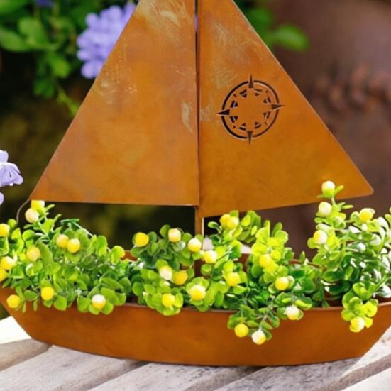 Rustic Iron Sailboat Sculpture 3D Metal Boat Planter Vintage Nautical Coastal Theme Flower Pot for Patio Balcony Porch Office Tabletop