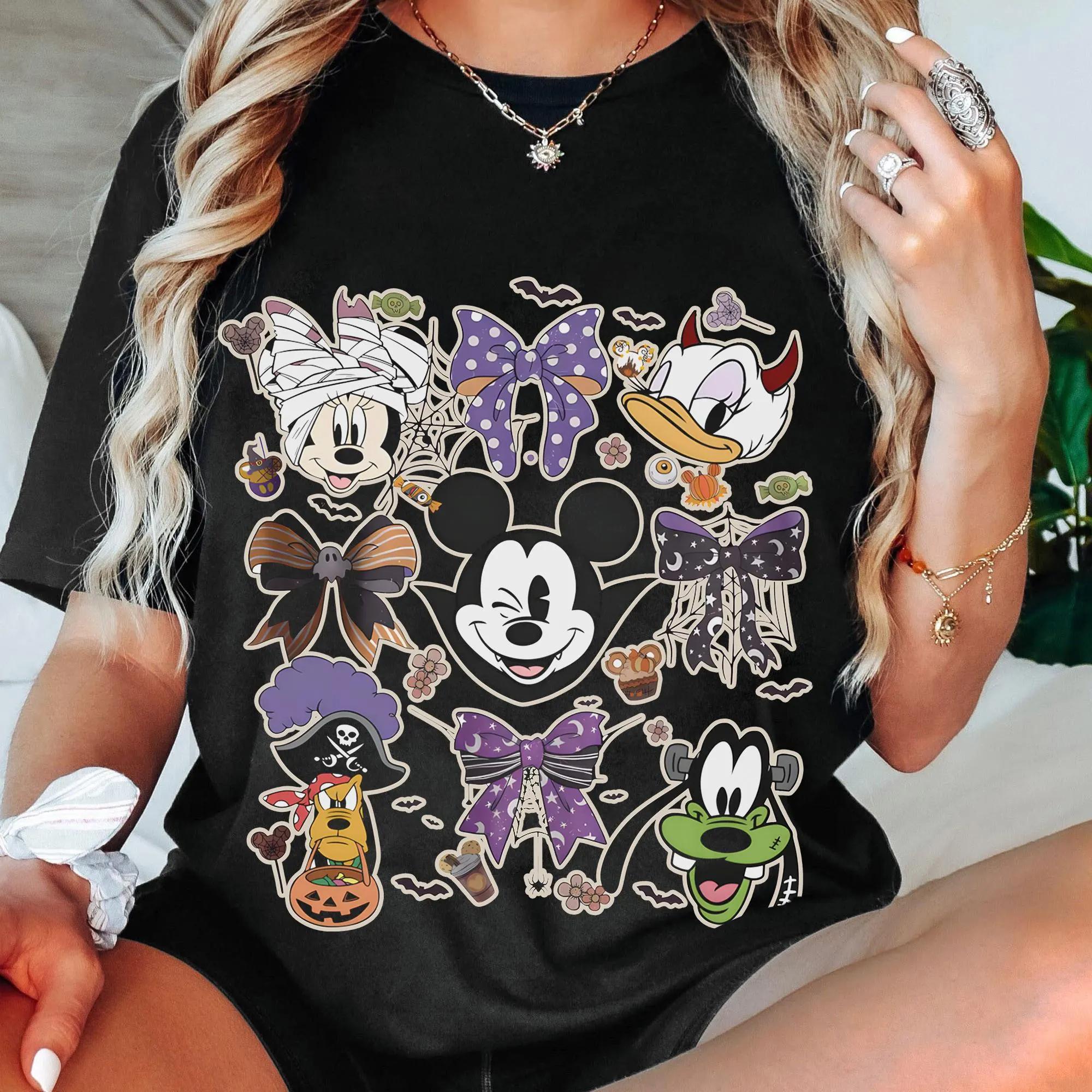 Coquette Bows Disney Halloween 2025 Shirts Disney Halloween Family Matching Tee Mickey and Friends Halloween S