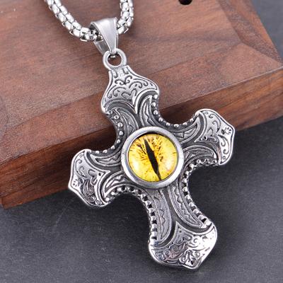 Silver Color Set Zircon Carved Male and Female Personality Cross Necklace