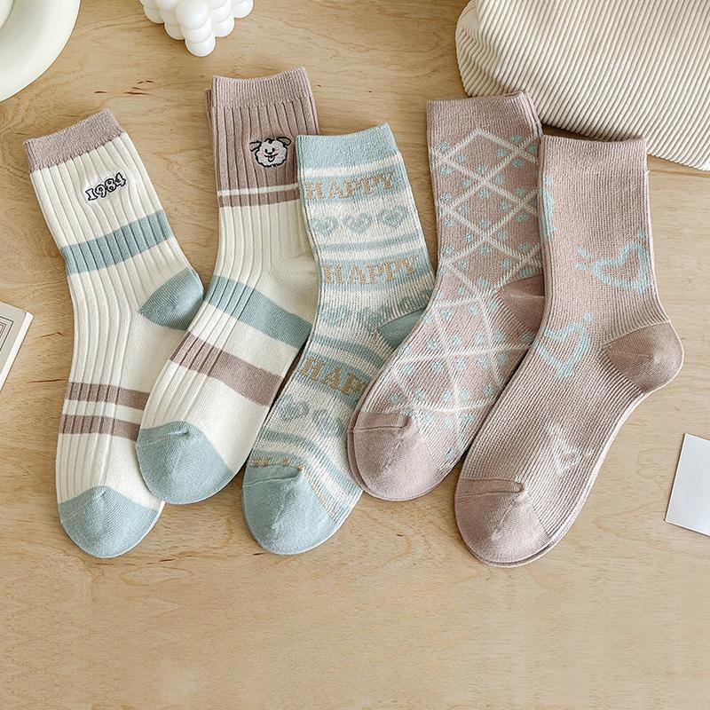 5 Pairs of Women's Autumn and Winter Warm Trend Embroidery Cylinder Stack Socks