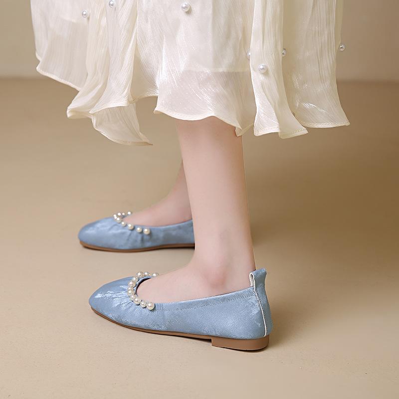 Soft~ Sweet Pearl Flat Ballet Single Shoes Women's New Chinese Style Square Head Soft Sole Doudou Shoes Grandma Shoes