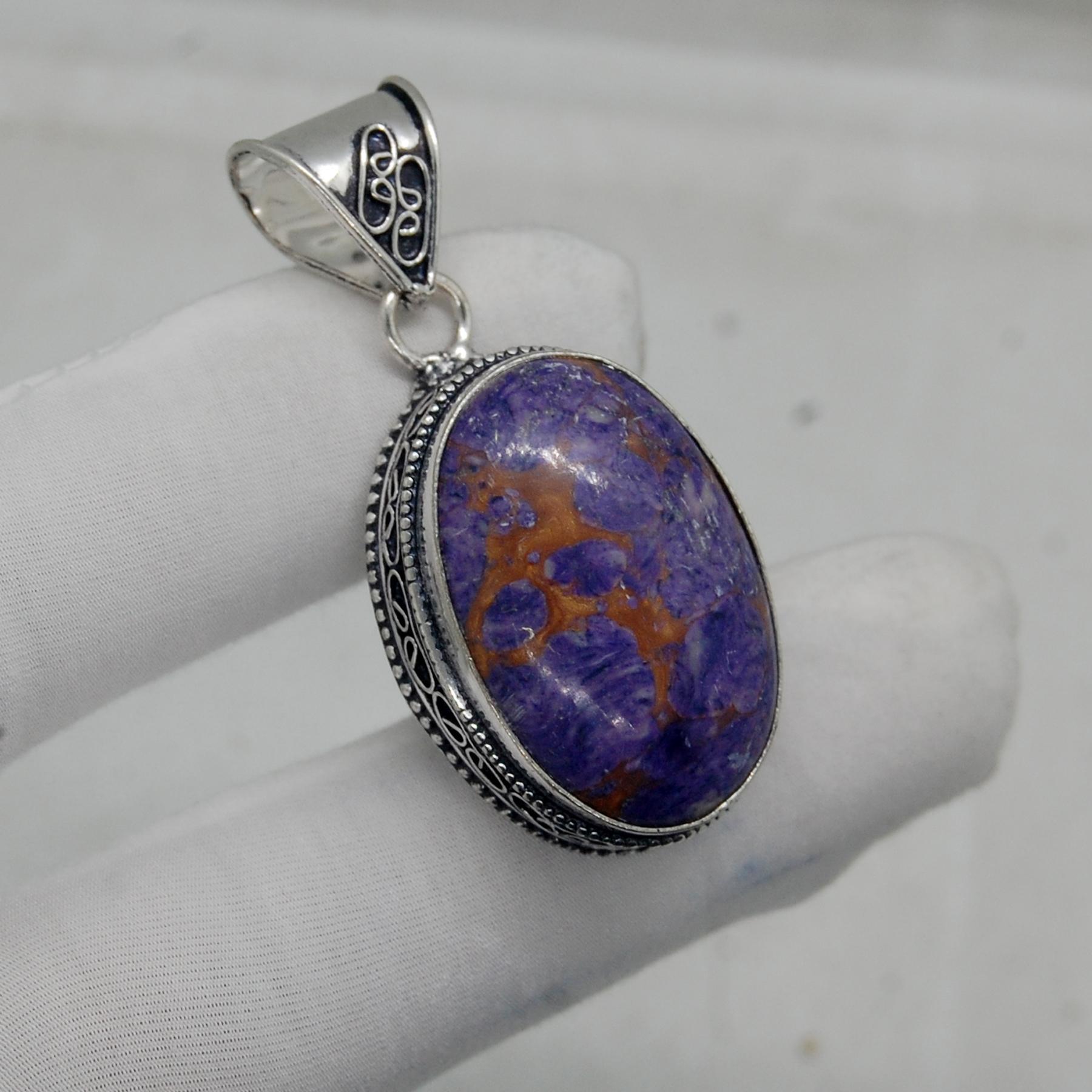 

Oval Cab Purple Copper Turquoise 925 Sterling Silver Pendant, Designer Boho Style Pendant