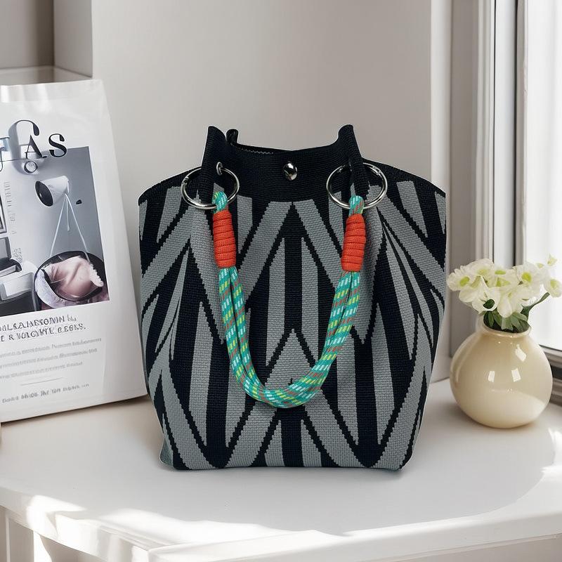 1pc, Women's Knit Bucket Handbag,Fabric Material with Metal Clasp Closure,Versatile for Casual&Formal Outings,Shopping Accessory