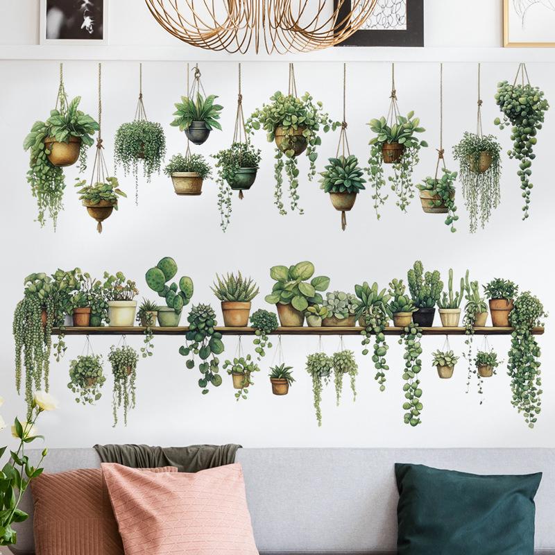 Green Potted Plant Wall Stickers for Living Room Hanging Potted Wall Decals Bedroom Home Wall Decoration Background