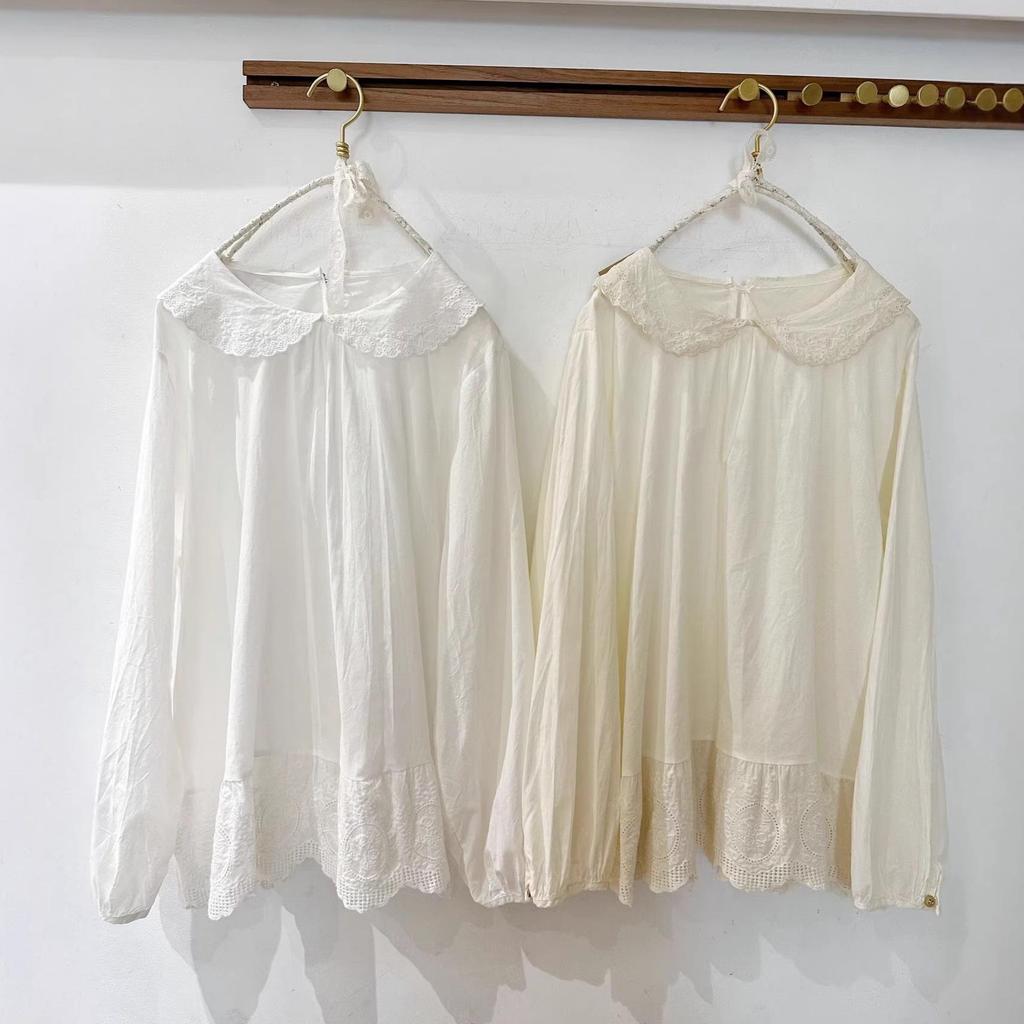 Japanese Embroidered Lace Doll Collar Cotton Shirt - Versatile Long-Sleeve Layer