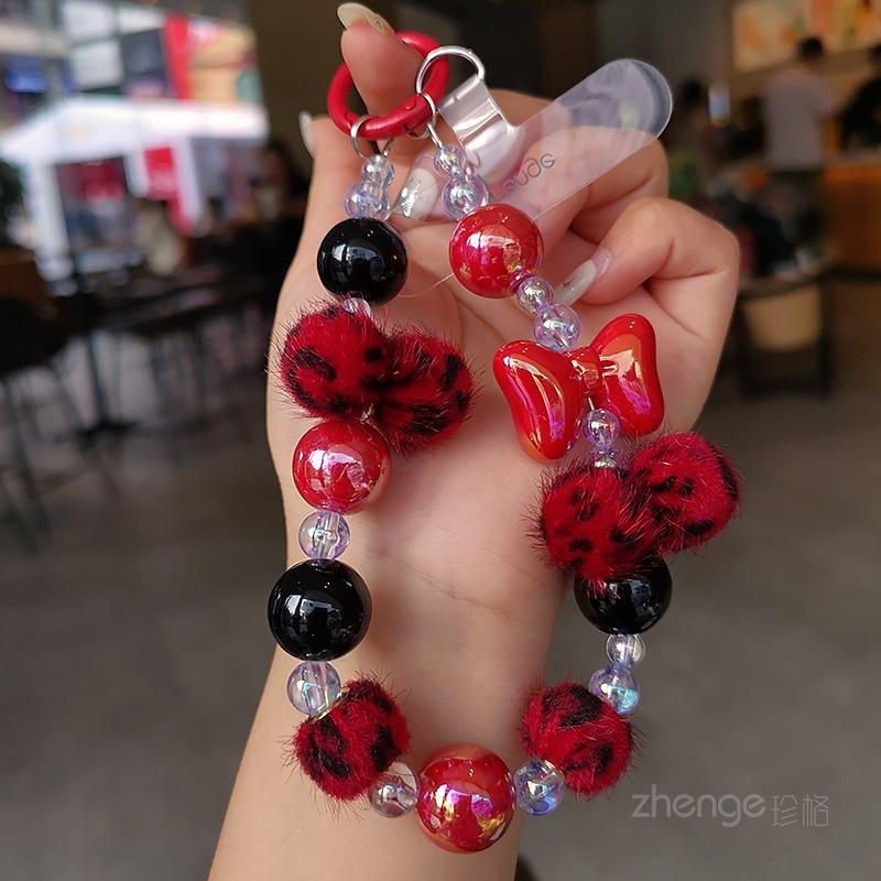 Mobile Phone Lanyard Wrist Chain Short Ins Small Fragrant Style Bow Leopard Print Hairball Mobile Phone Pendant Women's Fashion