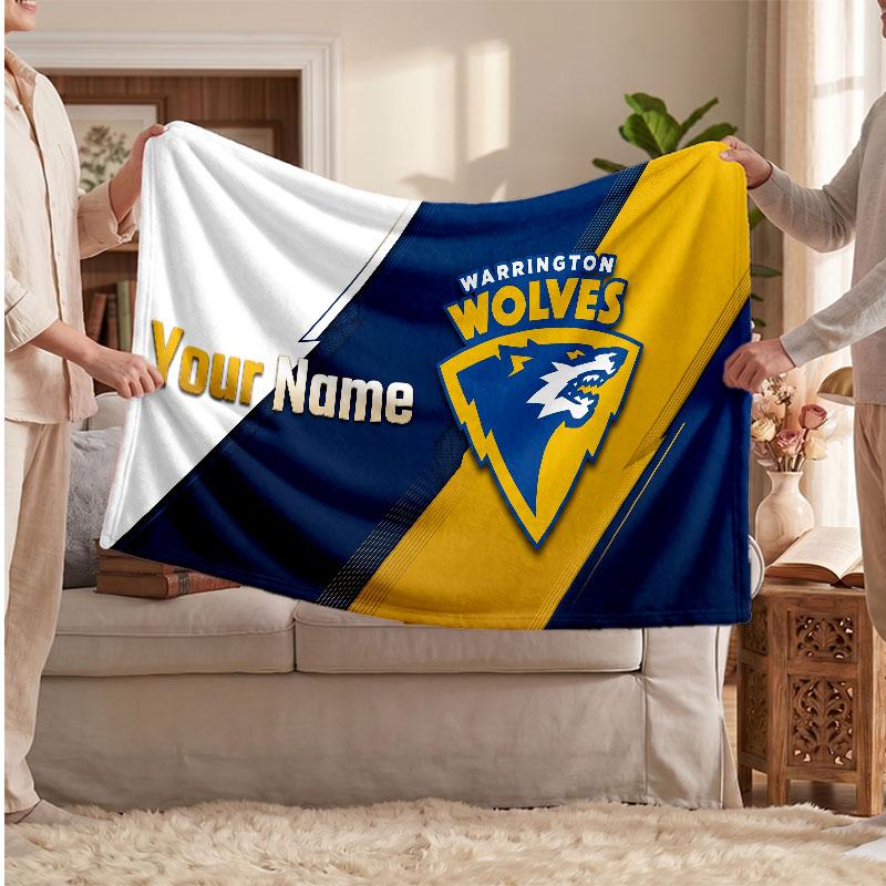 Warrington Wolves FC Personalized Fleece Blanket With Football Logo, Custom Name Text Soft Warm Home Throw Blanket