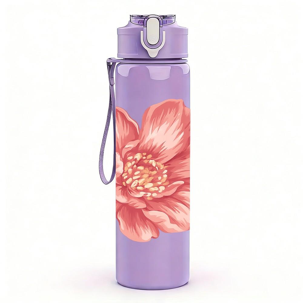 1PC Soft Pink Peony Flower 750ml Color Plastic Sports Water Bottle Leakproof Flip Straw Lid Suitable for Sports Office Home Use