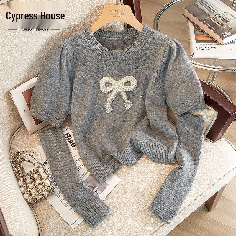 

Cypersh Women s Bowknot Beaded Short Sleeve Knit Top One Size