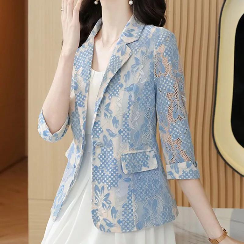 

Женский кружевной пиджак-блейзер, костюмное пальто с вырезами, рукав 3/4, офисная рабочая одежда, мода XXXXXL синий