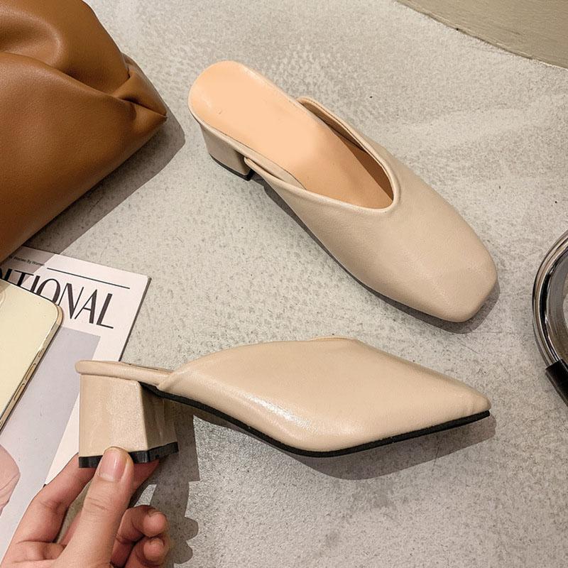 Fashion Comemore Baotou Half Slippers Women Summer New Outer Wear Fashion Solid Color Square Toe Thick Heel High-heeled Women's Shoes