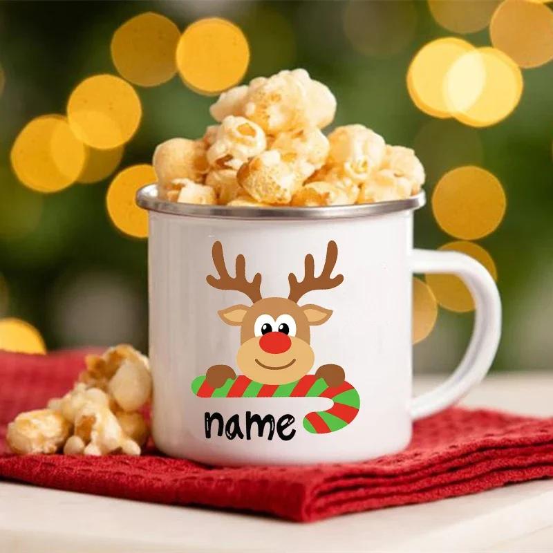 Personalisierte Hirsch-Weihnachts-Emaille-Tassen Benutzerdefinierter Name Heißer Kakao Schokolade Geschwister-Tasse Getränke Saft Tassen mit Griff Weihnachten Geschenke für Kind