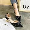Fashion Women's Coarse Heel Sandals Pointy Toe Shallow Mouth Butterfly Knot Line with Non-slip Wear-resistant High Heels