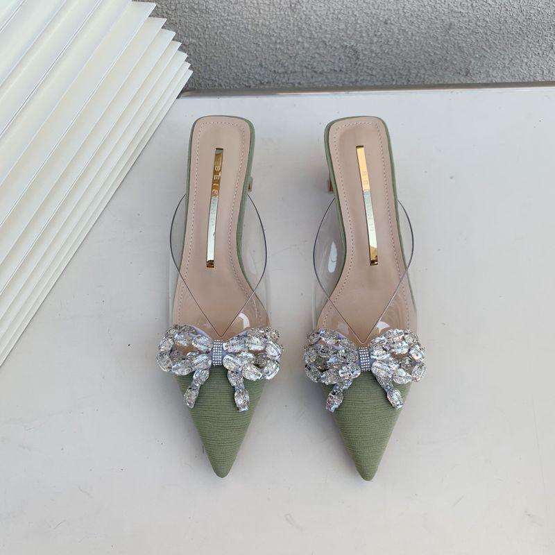 

Бантик стразы крутые тапочки женские летние модные стразы высокий каблук полутапочки универсальный темперамент толстый каблук одинарная обувь 39 зелёный