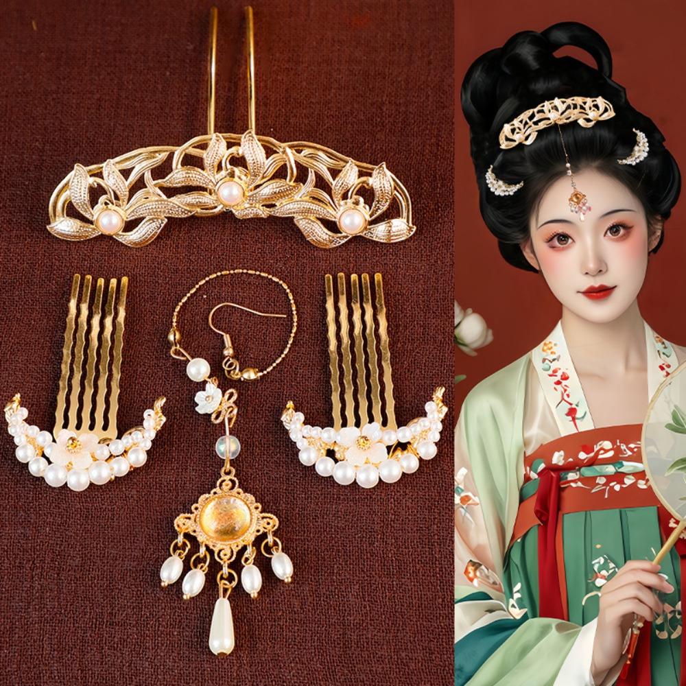 1 Set Pearl Tang Dynasty Hairpin Classical Flower Hair Comb Vintage Ancient Hair Stick  Women