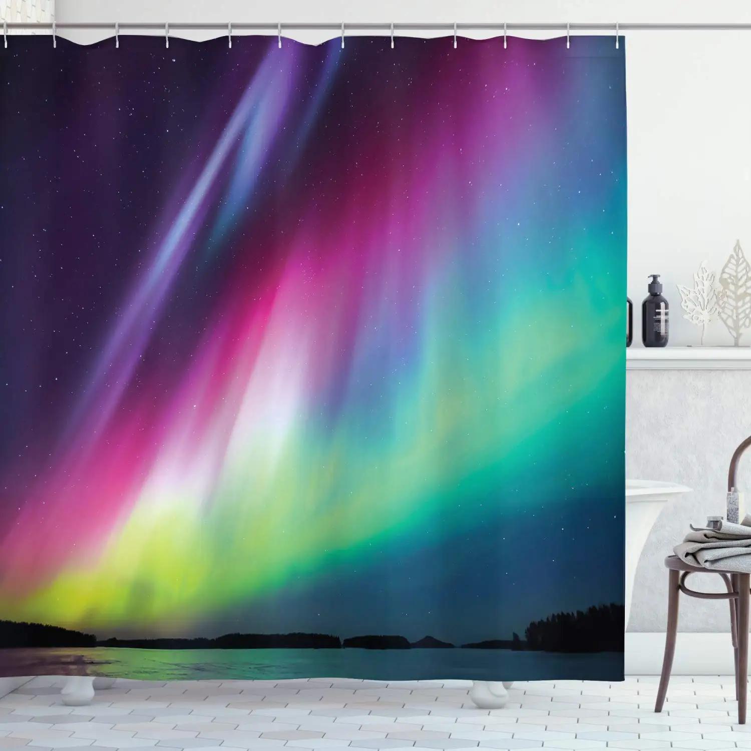 

Натуральный Пейзаж Шторка для Душа Полярное Сияние Снежные Горы Озеро Принт Водонепроницаемая Ткань Экран для Ванны Декор Ванной Комнаты W60H190(CM)-1 Pcs