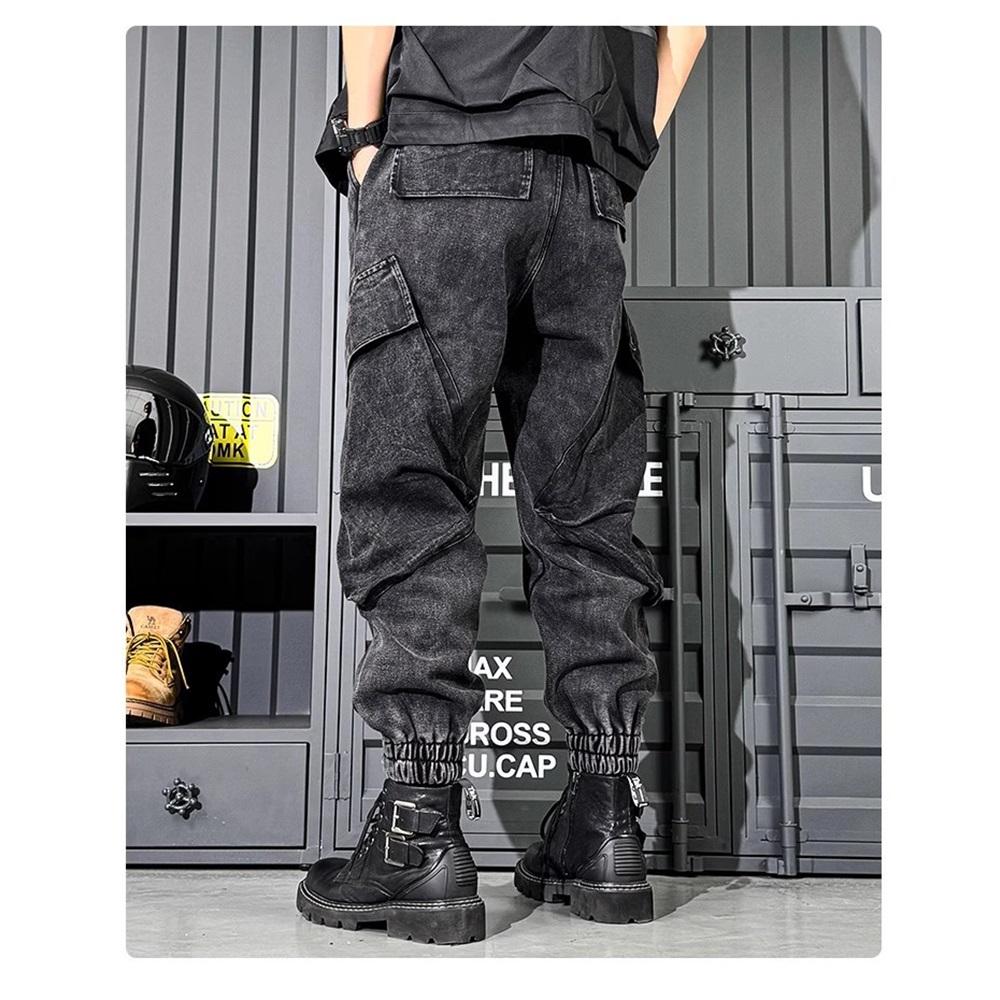 Jeans da Lavoro alla Moda da Uomo Lavati Retro Funzionali a Gamba Larga Pantaloni Trendy Marca Vestibilità Larga Casual Versatili