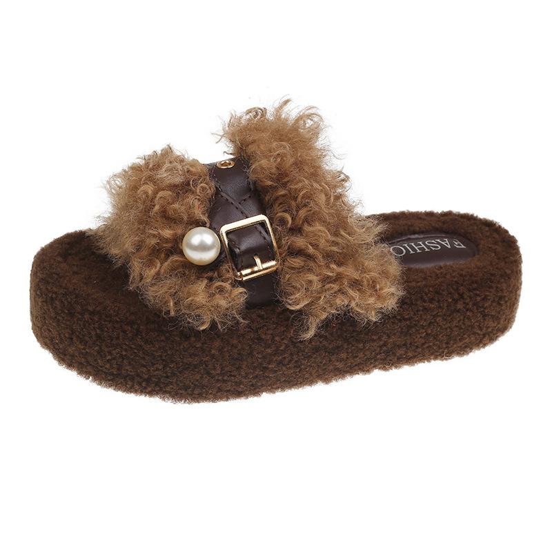 Retro color fluffy slippers outer wear women's autumn and winter new one-pedal lazy shoes women's platform slippers