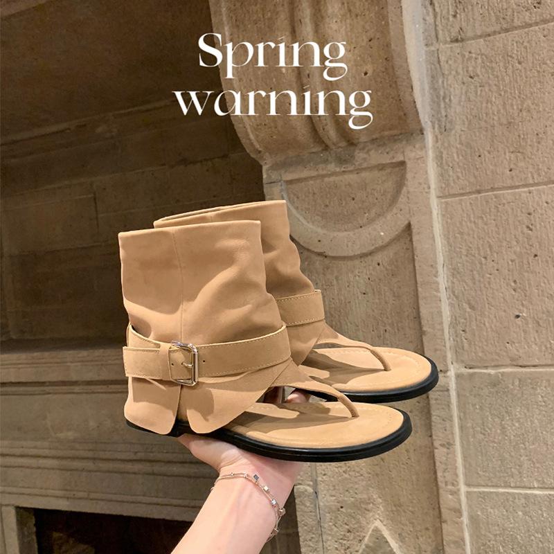 Cowhide version~ Grape mother toe short leather cool boots women wear Roman fashionable babes round head flat sandals