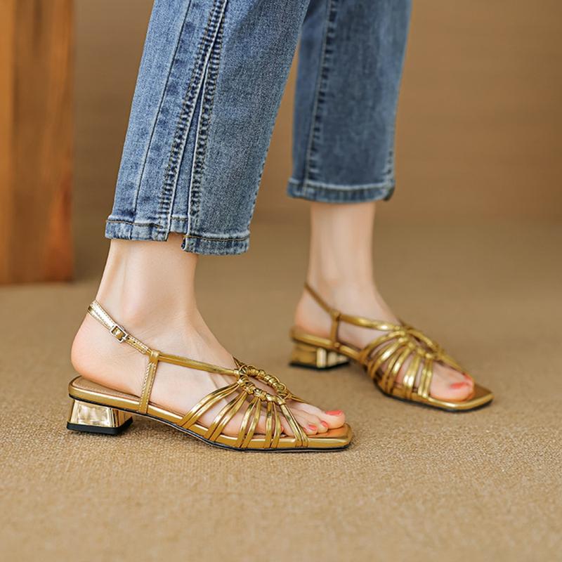 Fashion NEW Summer Women Sandals Square Toe Chunky Heel Shoes Split Leather Shoes for Women Narrow Band Buckle Strap Modern Sandals