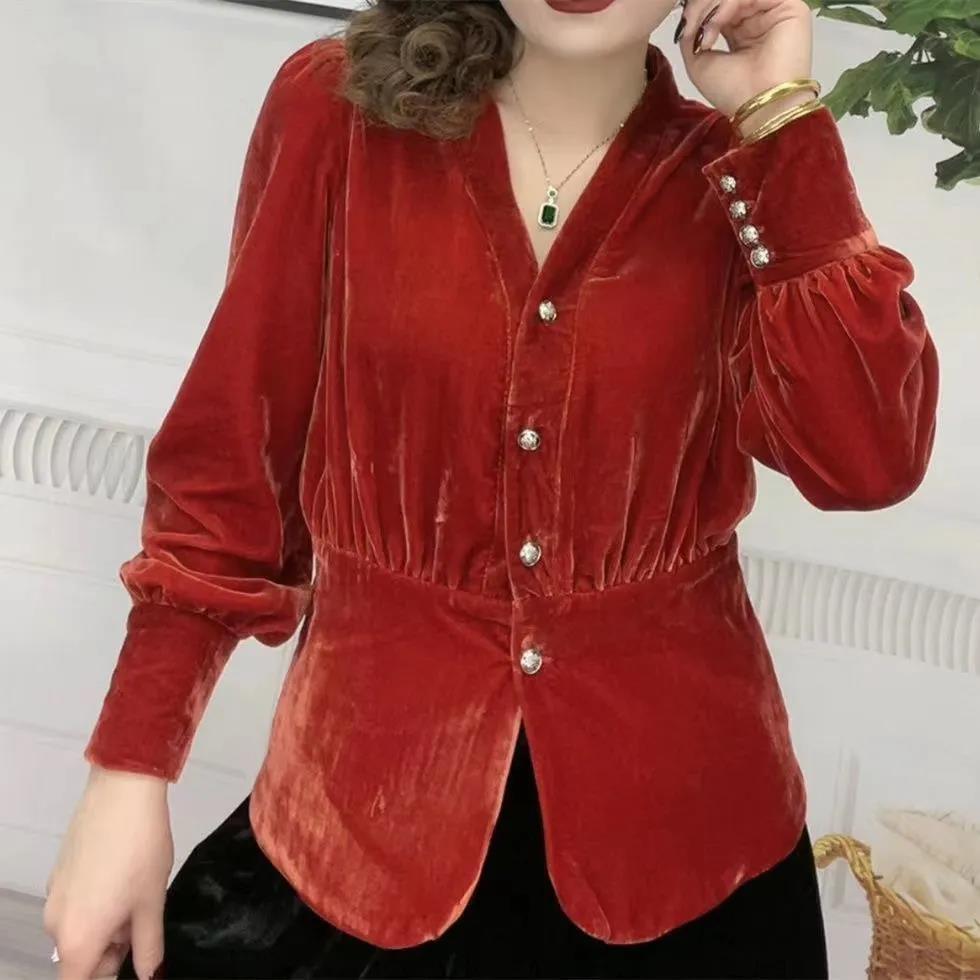 Dámská Vintage jednořadá košile s výstřihem do V pro dojíždění jaro podzim univerzální halenka s dlouhým rukávem pro ženy