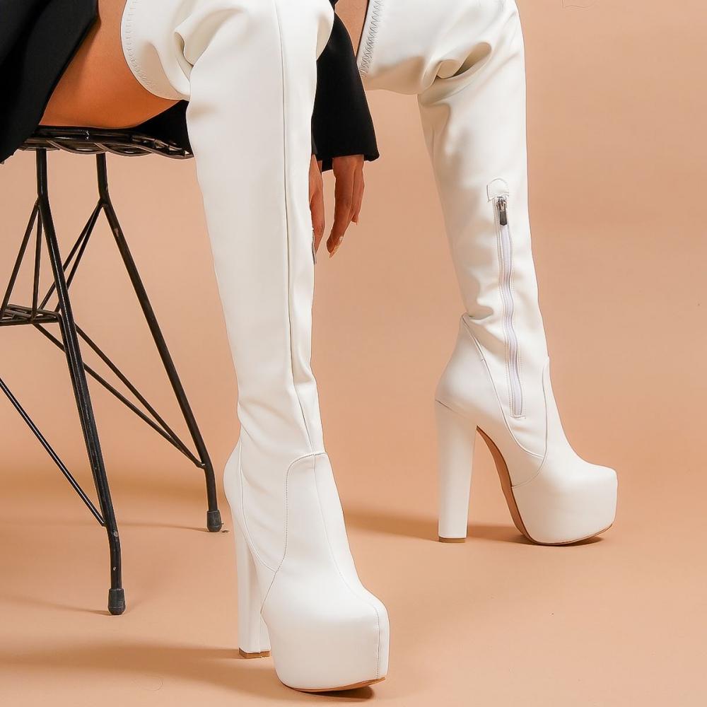 

Женская мода Белая кожа Высокие каблуки выше колена